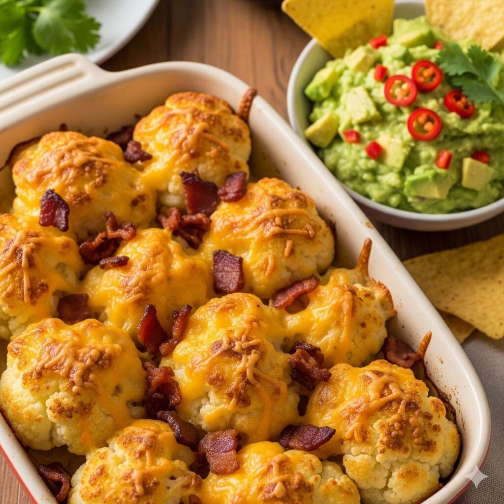 Cheesy cauliflower bake with crispy bacon and chives baked until golden in a square dish