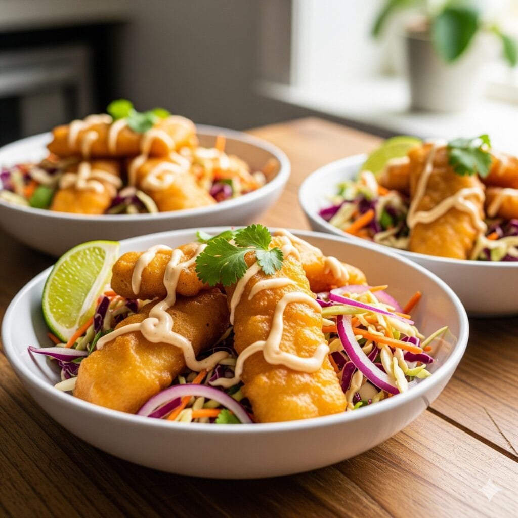 Crispy fish fillets served over rice with fresh slaw and creamy chipotle sauce in a colorful dinner bowl