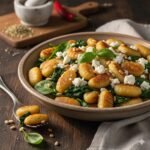 One-pan gnocchi dinner with wilted spinach, warm tomatoes, and toasted pine nuts