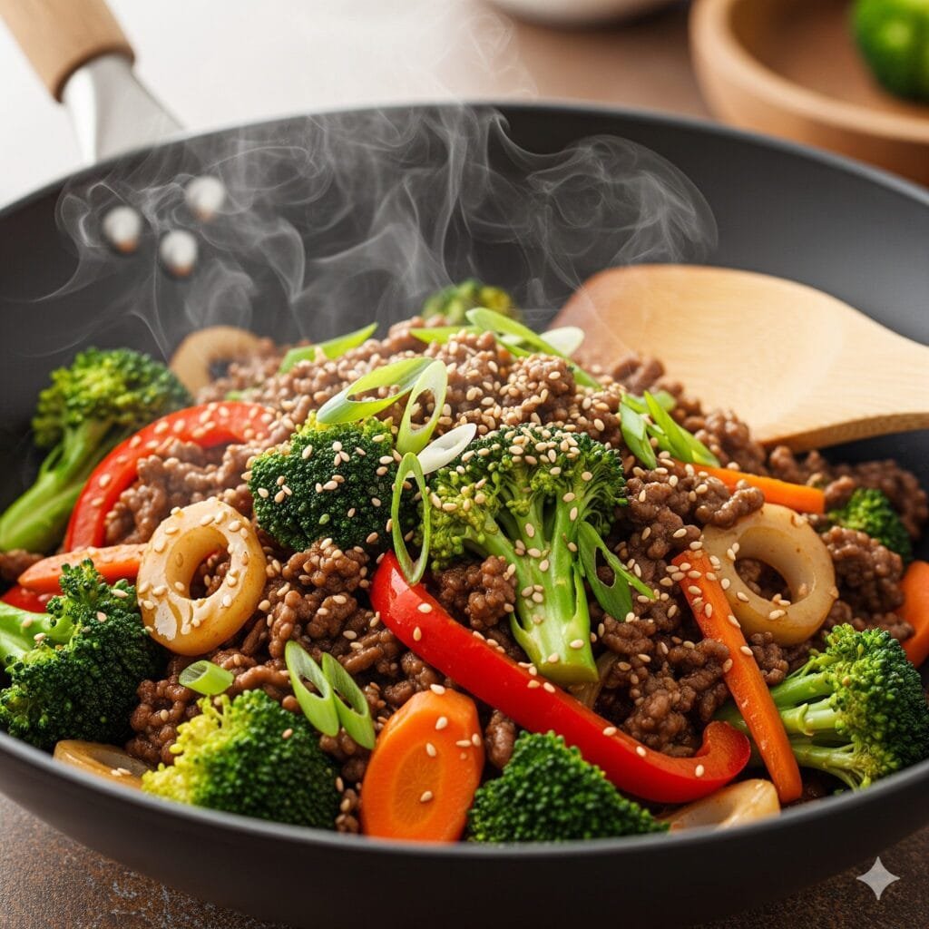 “Ground beef and broccoli stir-fry in a garlic soy sauce”