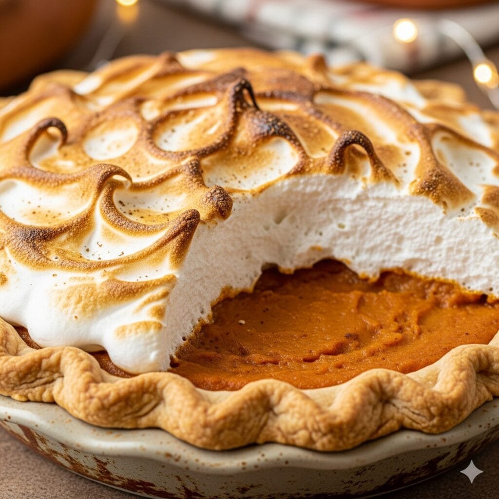 Homemade sweet potato pie with toasted marshmallow topping, baked in a flaky crust for a classic holiday dessert.