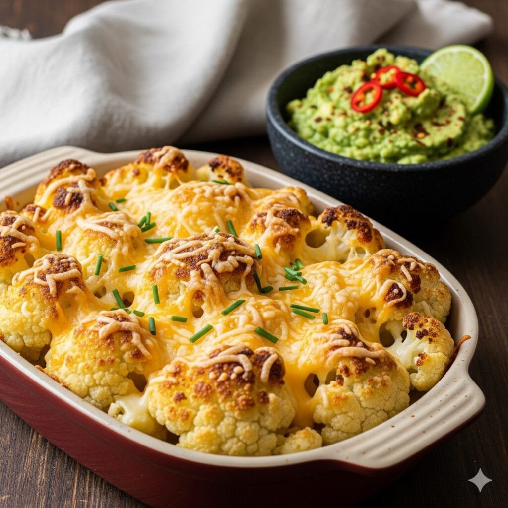 Homemade cauliflower cheese bake fresh out of the oven with bubbling cheese