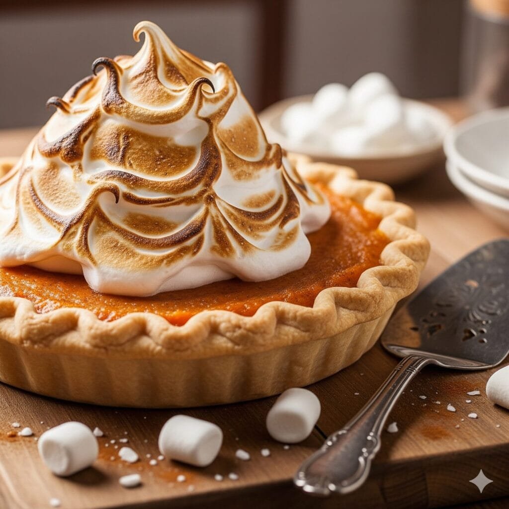 Golden marshmallow-topped sweet potato pie with warm spices, perfect for Thanksgiving and Christmas gatherings.