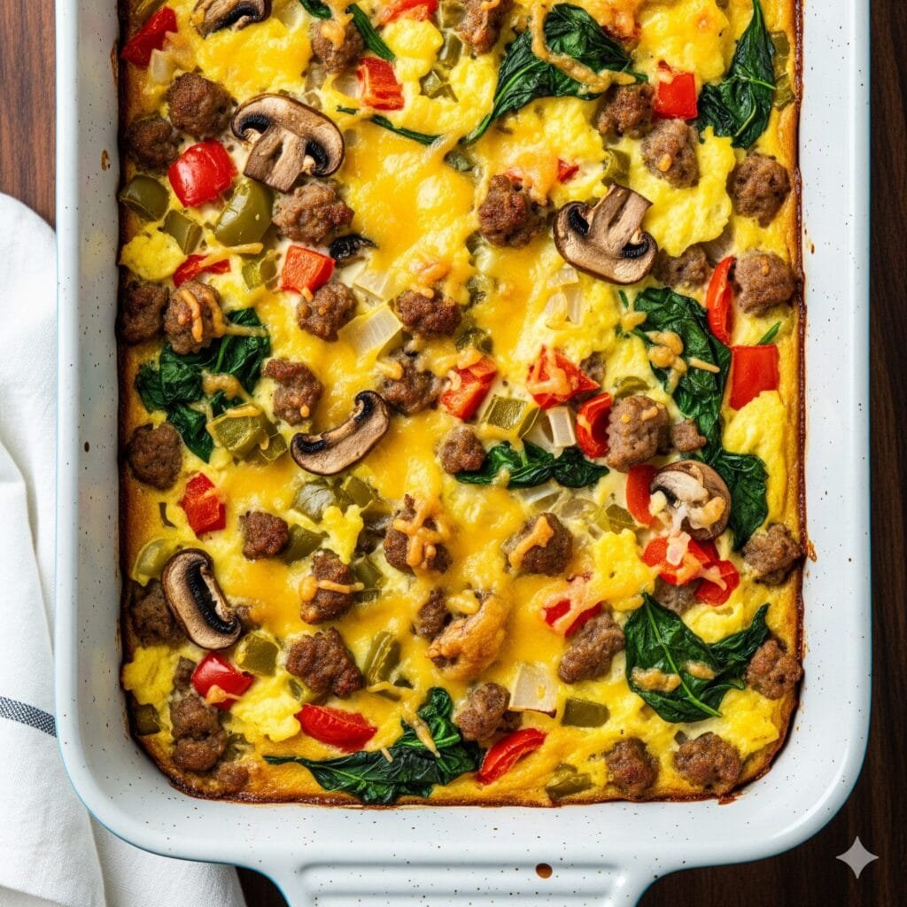 Raw whisked eggs being poured over cubed bread and cooked sausage in a glass baking pan for a make-ahead breakfast recipe.