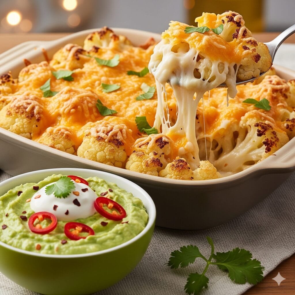 Creamy cauliflower casserole topped with melted cheddar, parmesan, and bacon