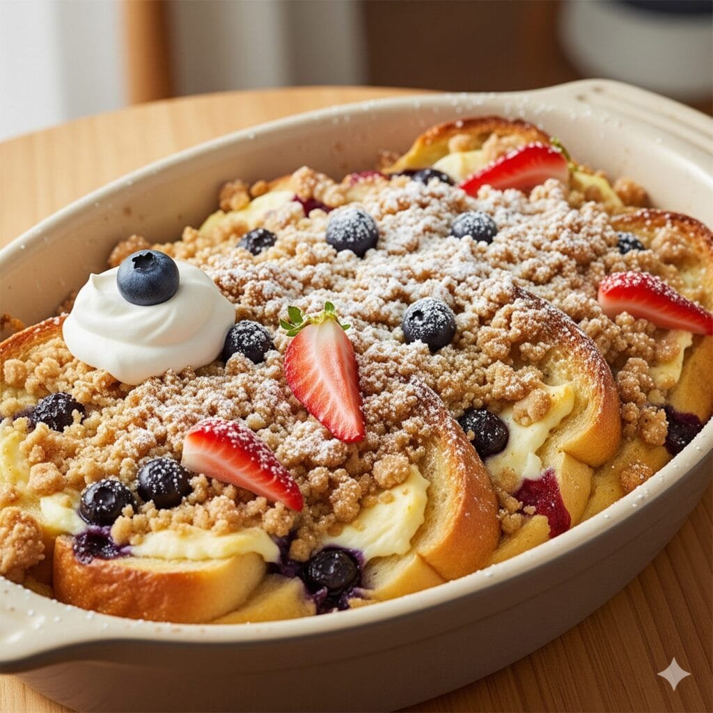 Overnight French toast casserole stuffed with sweet cream cheese and topped with a crispy cinnamon crumble.