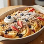 Overnight French toast casserole stuffed with sweet cream cheese and topped with a crispy cinnamon crumble.