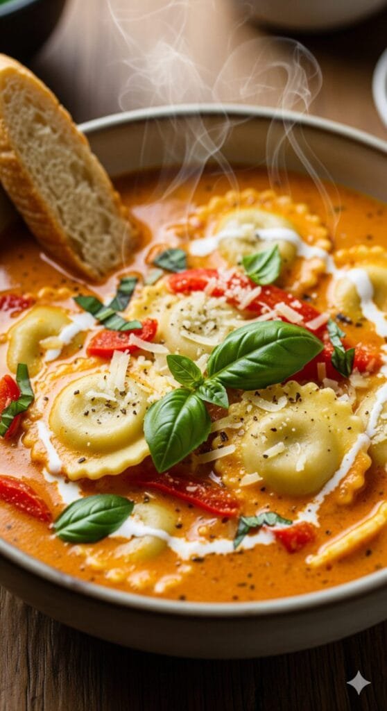 Silky roasted red pepper soup topped with cheese ravioli and fresh herbs.
