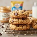 Thick peanut butter oatmeal chocolate chip cookies stacked on a cooling rack with melty chocolate chips