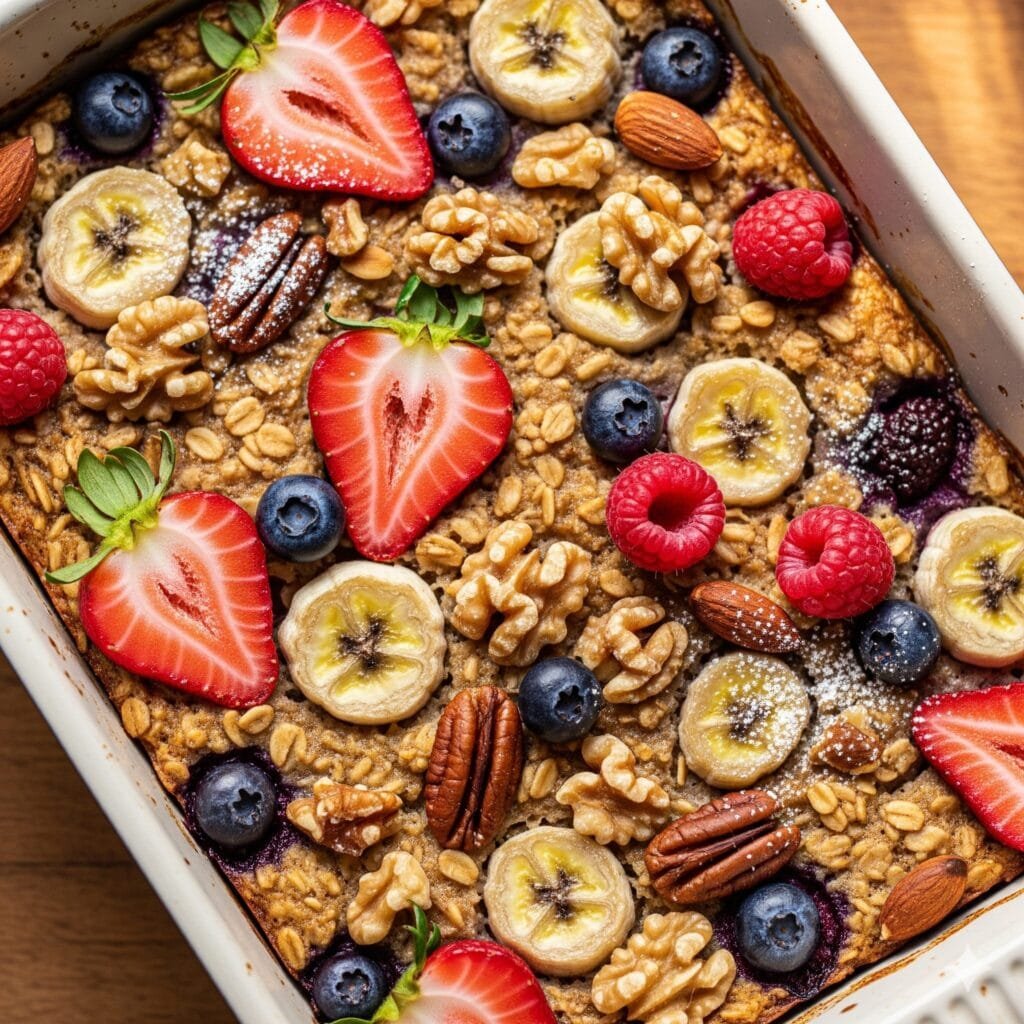 Healthy berry baked oatmeal with rolled oats and warm cinnamon, sliced into squares for meal prep