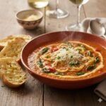 Creamy roasted pepper tortellini soup with spinach and cheese in a warm dinner bowl