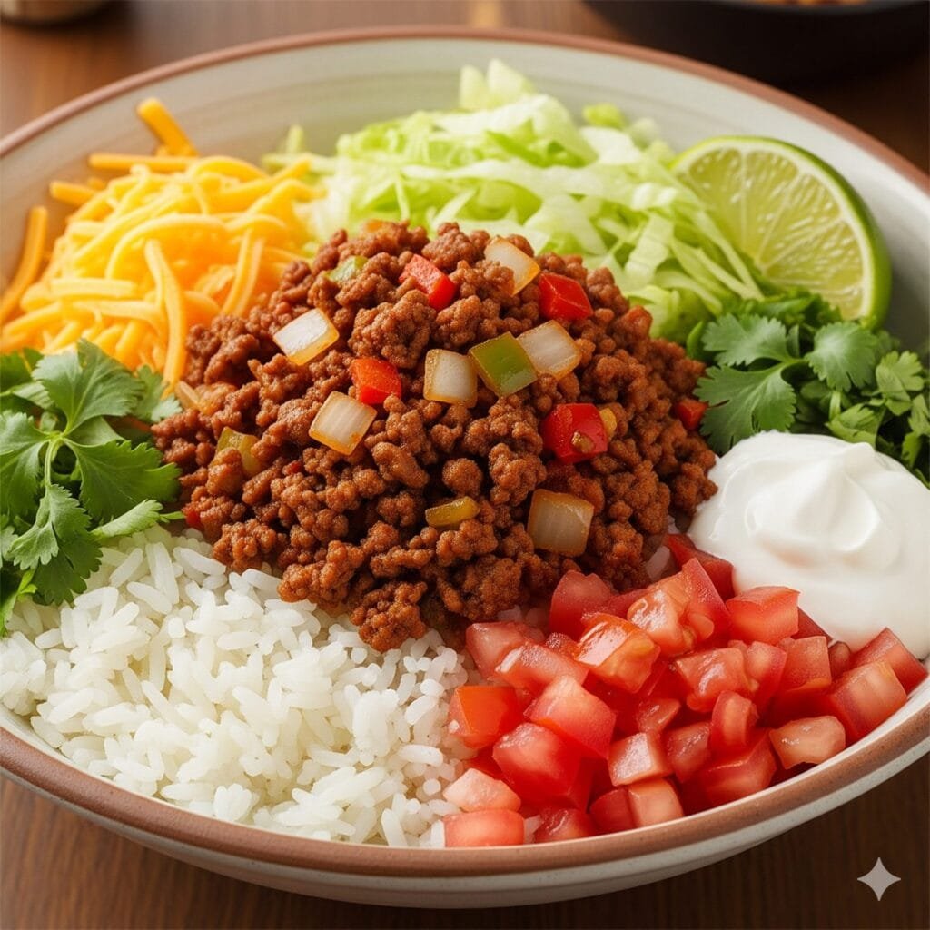 Family-friendly taco rice bowl with rice, seasoned ground meat, beans, corn, lettuce, cheese, and salsa.