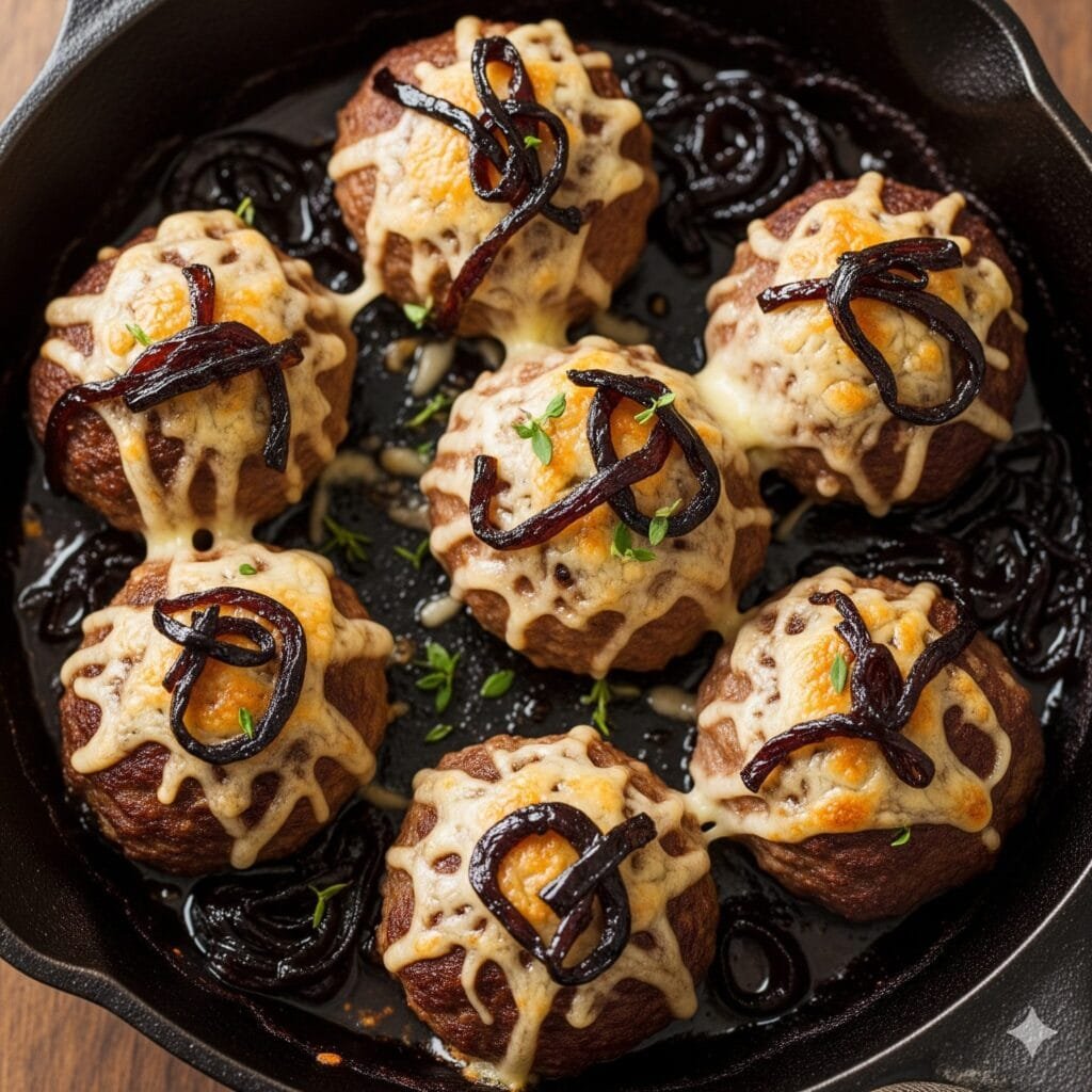 French onion style meatballs topped with golden cheese and rich onion sauce