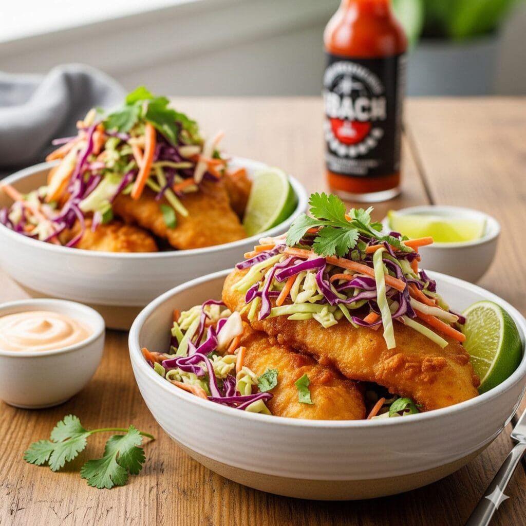 Golden pan-fried fish with cabbage slaw and toppings arranged in a vibrant fish bowl meal