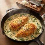 Golden parmesan-crusted chicken topped with a creamy garlic sauce in a skillet