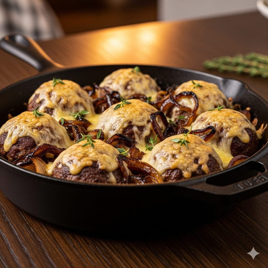 Cheesy onion meatballs baked with caramelized onions and melted Gruyère in a cast iron skillet