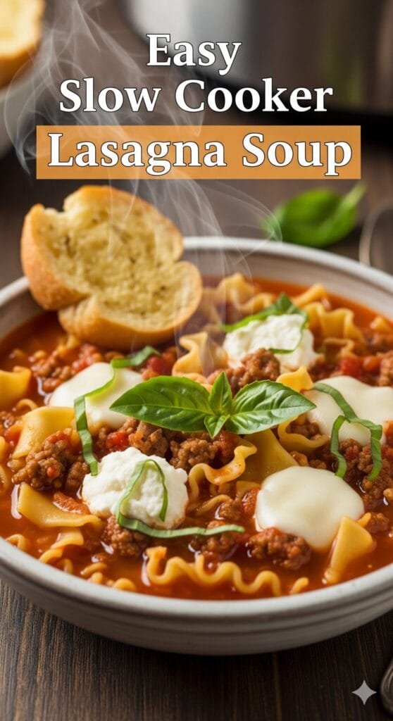 cozy lasagna soup with pasta, beef, and ricotta in a white bowl