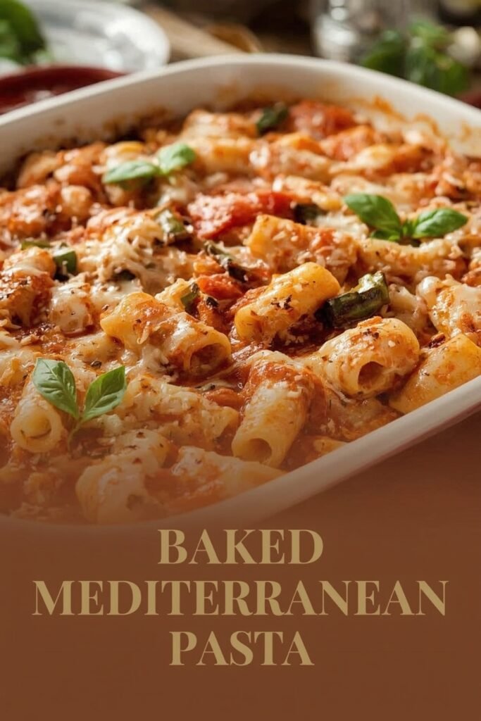 Cheesy Mediterranean rotini pasta topped with cherry tomatoes and mozzarella balls.