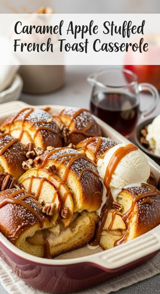 Caramel Apple Stuffed French Toast Casserole with cinnamon apples and golden custard-soaked brioche in a 9x13 baking dish