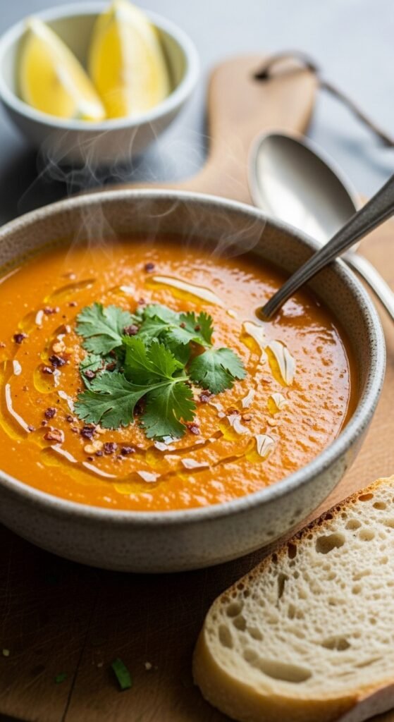 Bowl of creamy red lentil soup with carrots and herbs on a table.”