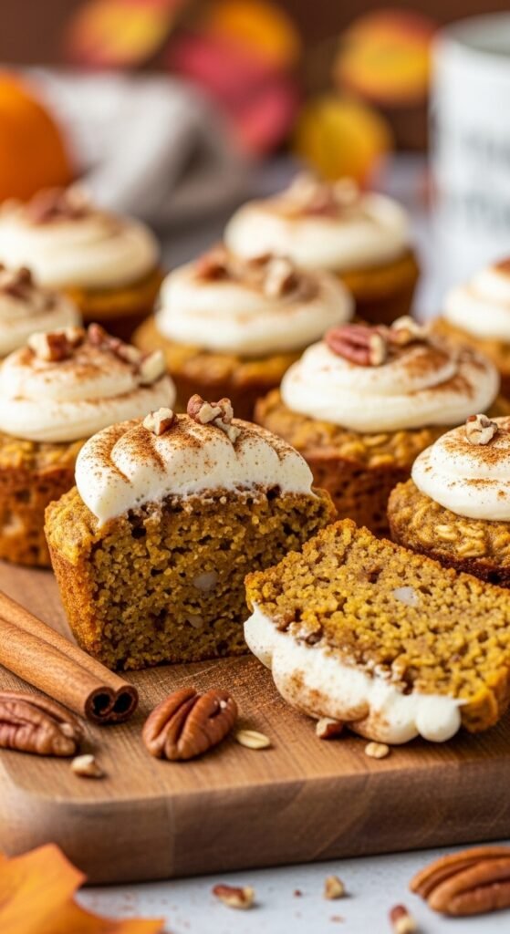 Soft pumpkin baked oatmeal cups arranged on a cooling rack, showing their golden tops and warm fall texture.