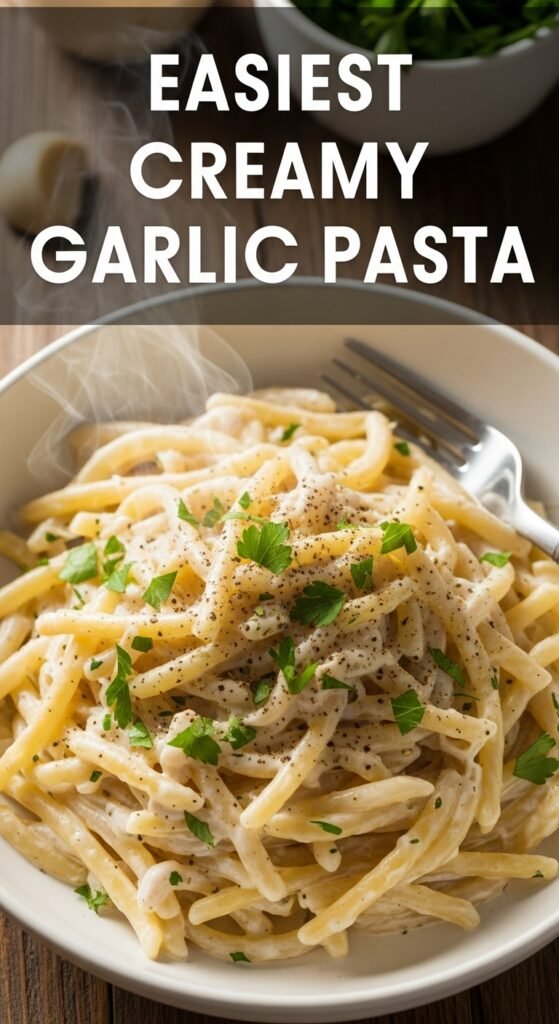One-pot creamy garlic pasta simmering in a pan