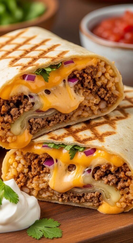 Savory beef and cheese burrito filled with seasoned ground beef, melted cheese, and Mexican rice wrapped in a warm tortilla.
