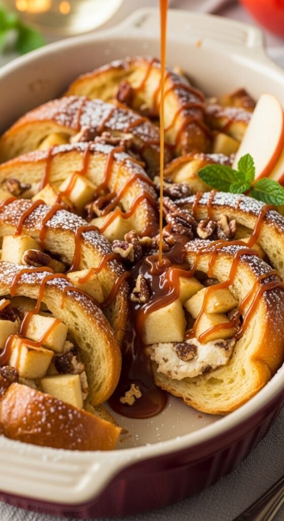 Overnight caramel apple French toast bake fresh from the oven, served with extra caramel drizzle