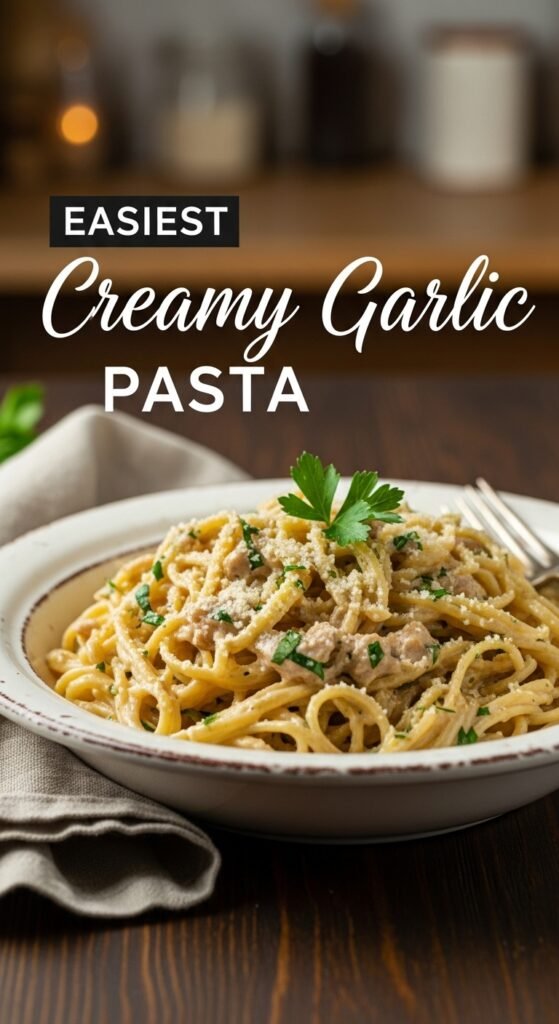 Creamy garlic pasta twirled on a fork in a white bowl