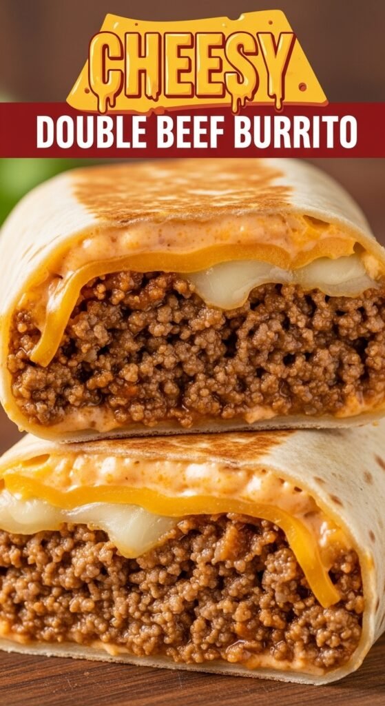 Close-up photo of a cheesy beef burrito cut open to show the creamy nacho cheese, rice, and flavorful beef filling.
