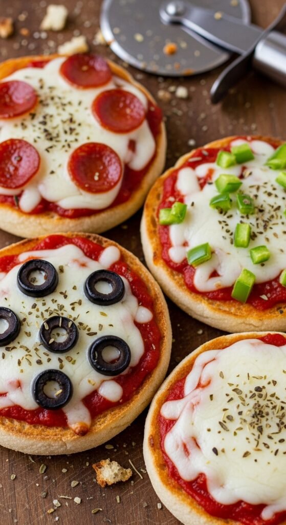 Close up of crispy English muffin pizza with bubbly cheese and golden edges
