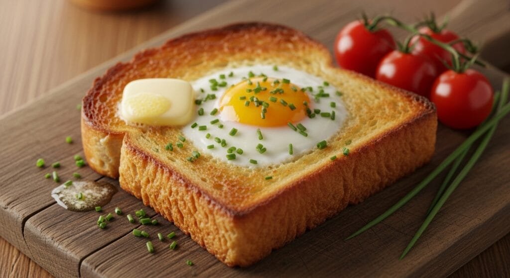 Air fryer egg toast with a golden slice of thick bread and an egg cooked in the center, served warm for breakfast