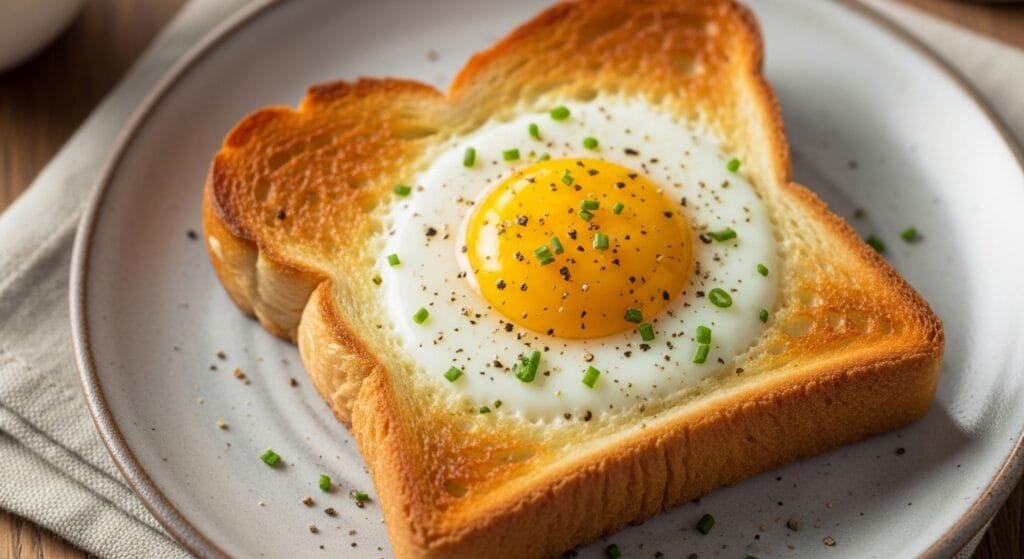 Air fryer egg toast on a plate showing crispy bread with a fully cooked egg in the center