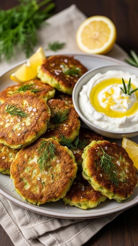 Air fryer zucchini fritters stacked on a plate with a golden crispy exterior and tender center, made with fresh zucchini and simple pantry ingredients.