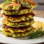 Crispy air fryer zucchini fritters stacked on a plate with a golden exterior and tender center