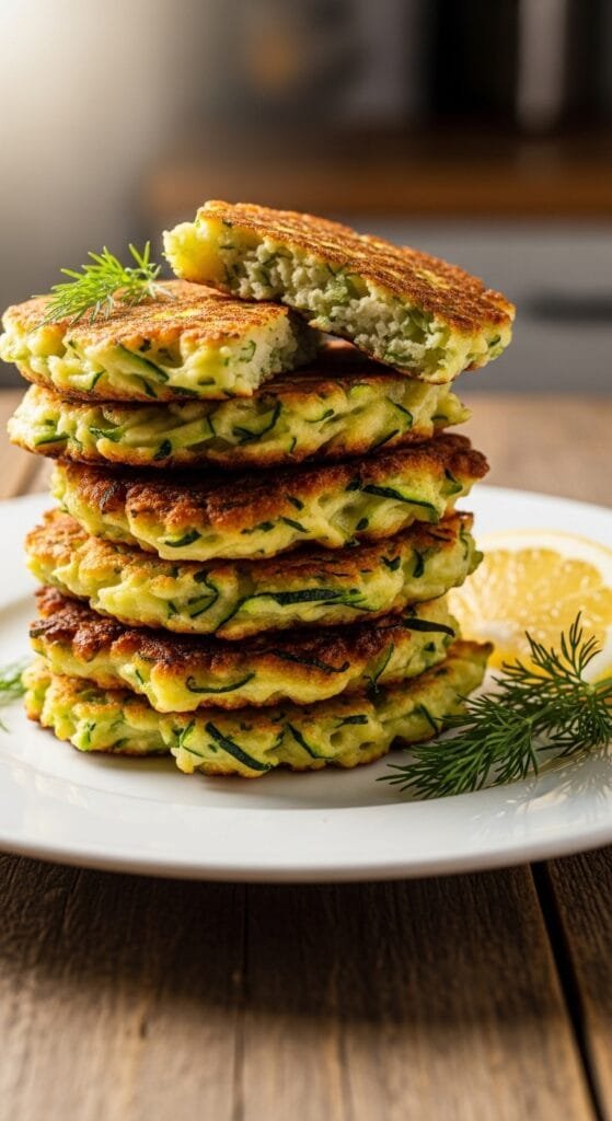 Crispy air fryer zucchini fritters stacked on a plate with a golden exterior and tender center