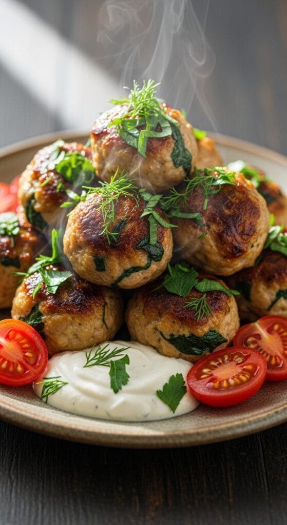 Baked chicken and spinach meatballs served hot on a plate with herbs