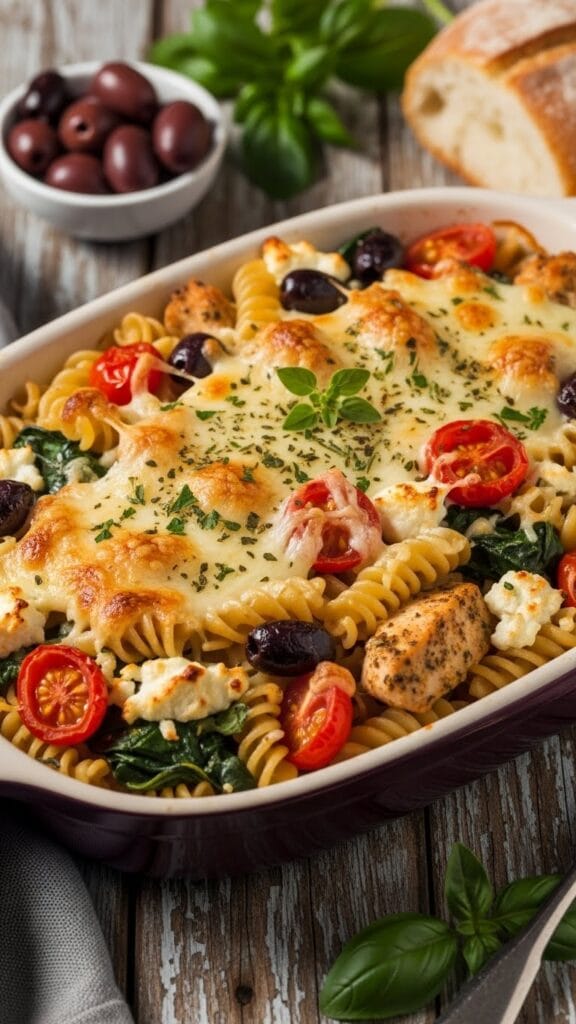 Baked Mediterranean pasta with cherry tomatoes, olives, artichokes, and melted mozzarella in a ceramic baking dish