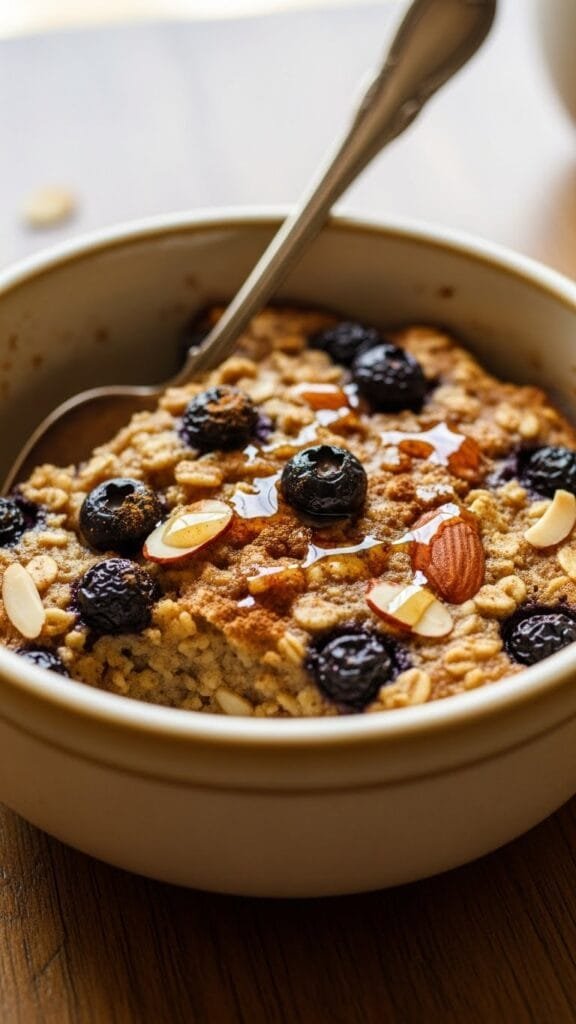 Berry baked oatmeal cut into neat squares on a baking pan, ideal for weekly meal prep and quick reheated breakfasts.