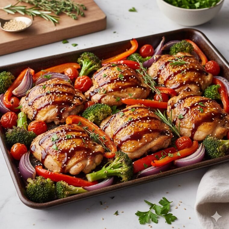 Balsamic glazed chicken and colorful roasted vegetables on a sheet pan