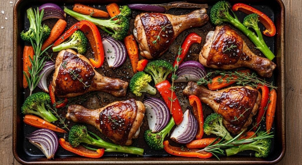 Balsamic glazed chicken with roasted vegetables on sheet pan