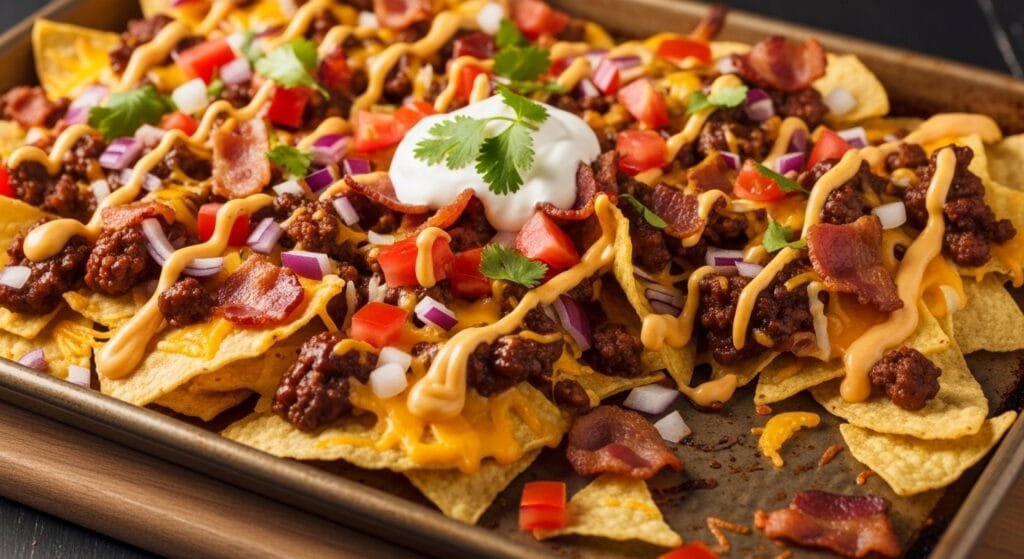 BBQ bacon cheeseburger nachos baked on a sheet pan with melted cheddar and crispy bacon