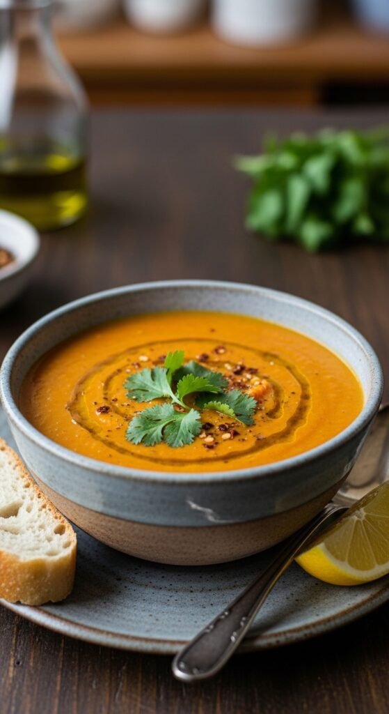 Vegan red lentil soup served warm with crusty bread.”