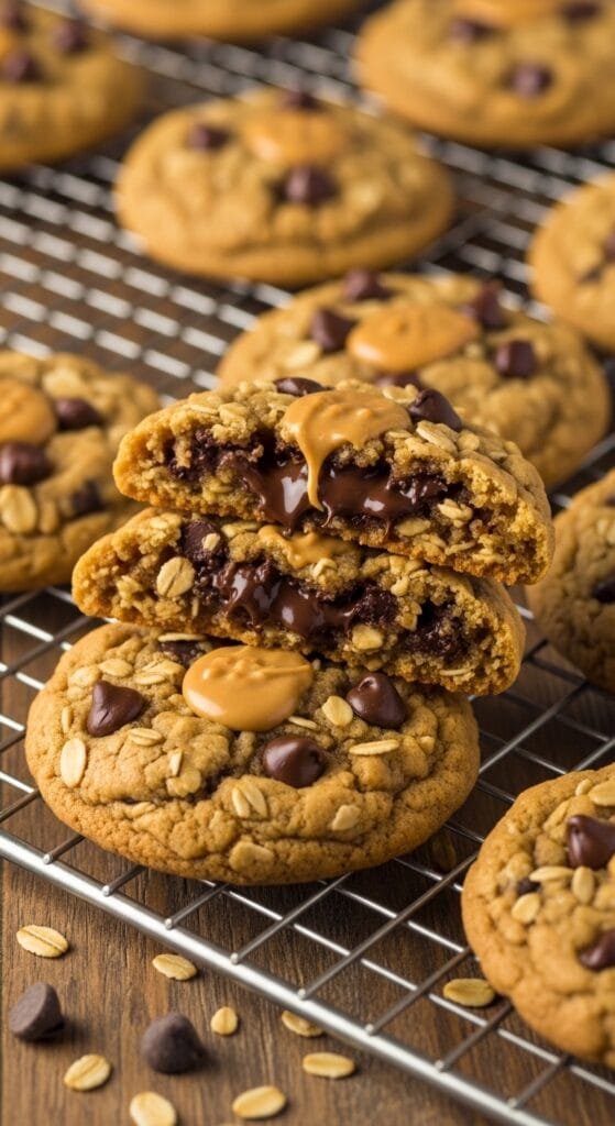 Thick peanut butter oatmeal chocolate chip cookies with chewy centers and crisp edges on a cooling rack