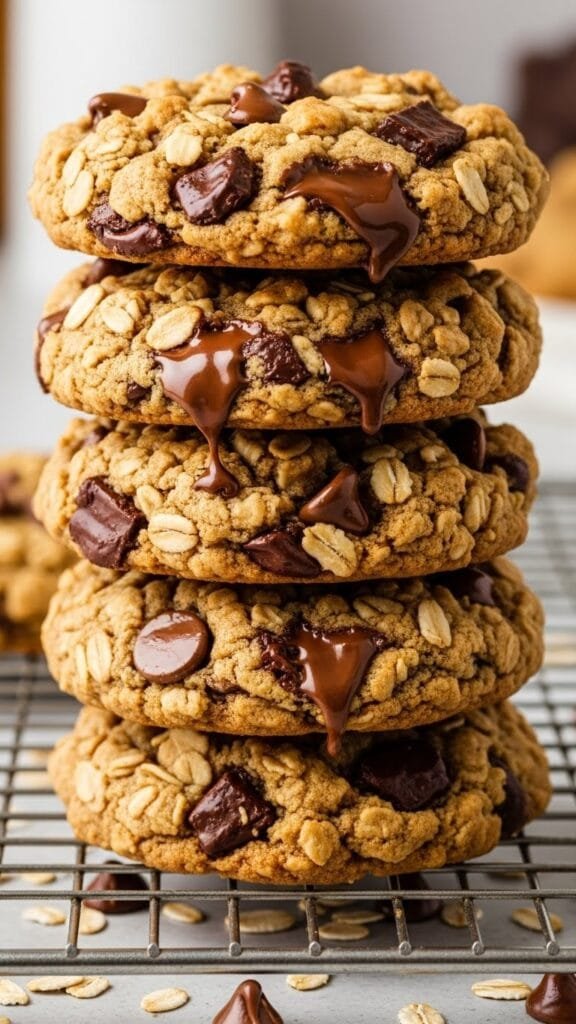 Thick peanut butter oatmeal chocolate chip cookies stacked on a cooling rack with melty chocolate chips.