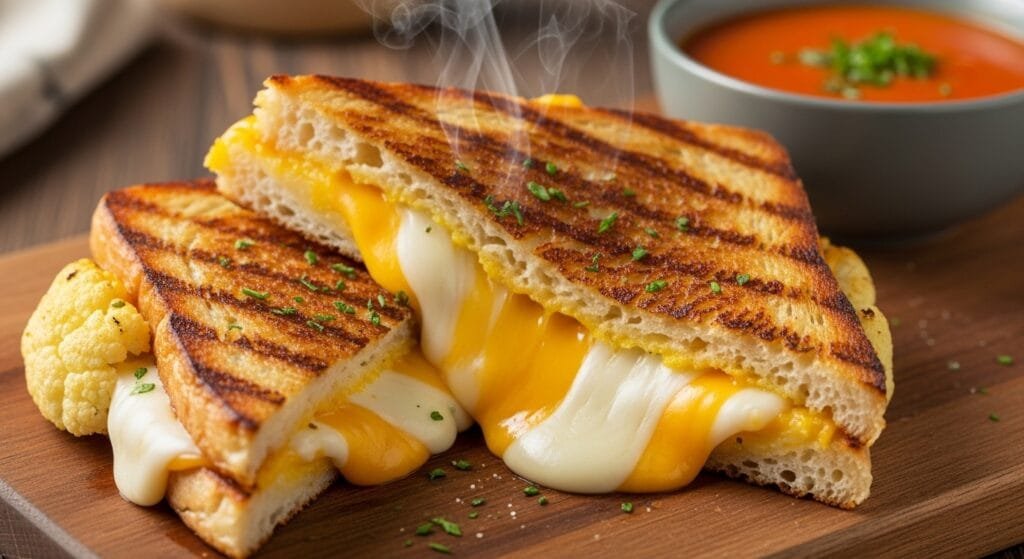 Low-carb cauliflower grilled cheese sandwich with melted cheese inside