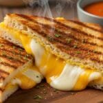 Low-carb cauliflower grilled cheese sandwich with melted cheese inside