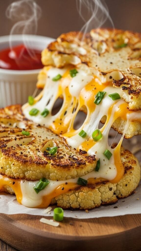 Low-carb cauliflower grilled cheese with melted cheddar and crispy vegetable base