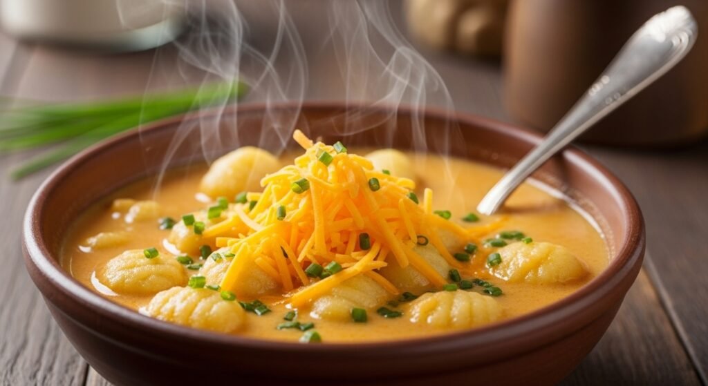 Comforting cheddar gnocchi soup topped with extra shredded cheese and chives ready to serve