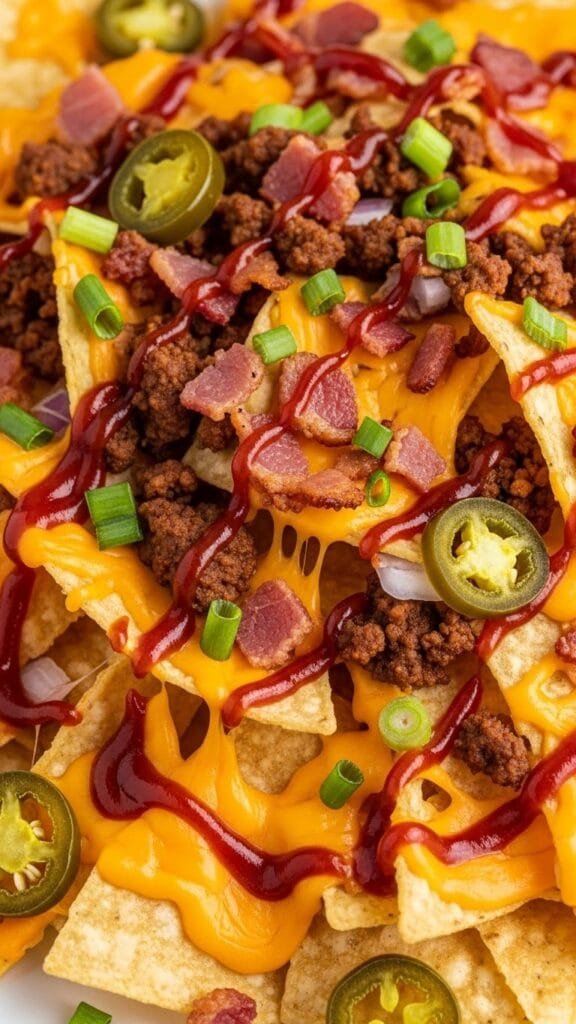 Close-up of cheesy BBQ bacon cheeseburger nachos showing melted cheddar, ground beef, bacon pieces, and barbecue drizzle